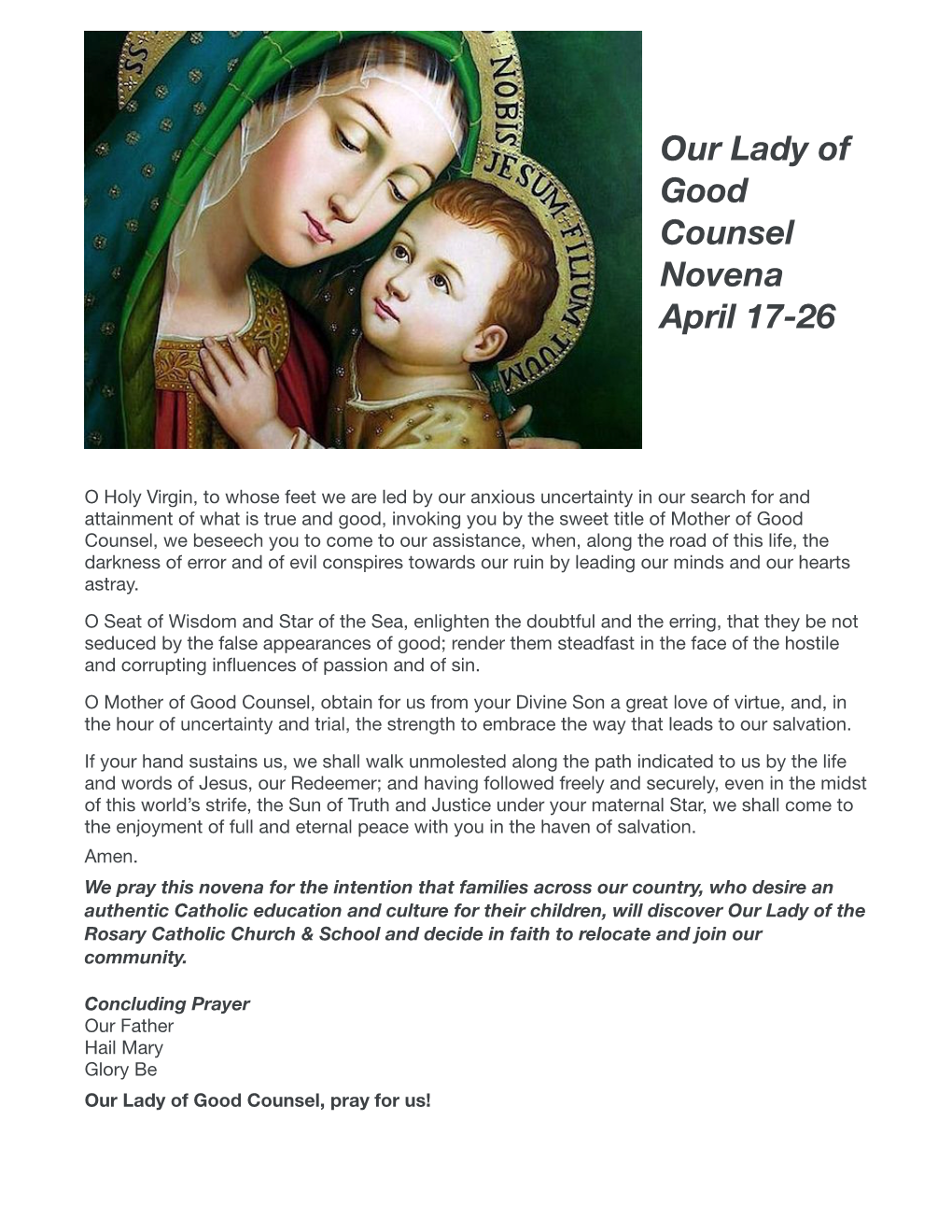 Our Lady of Good Counsel Novena April 17-26