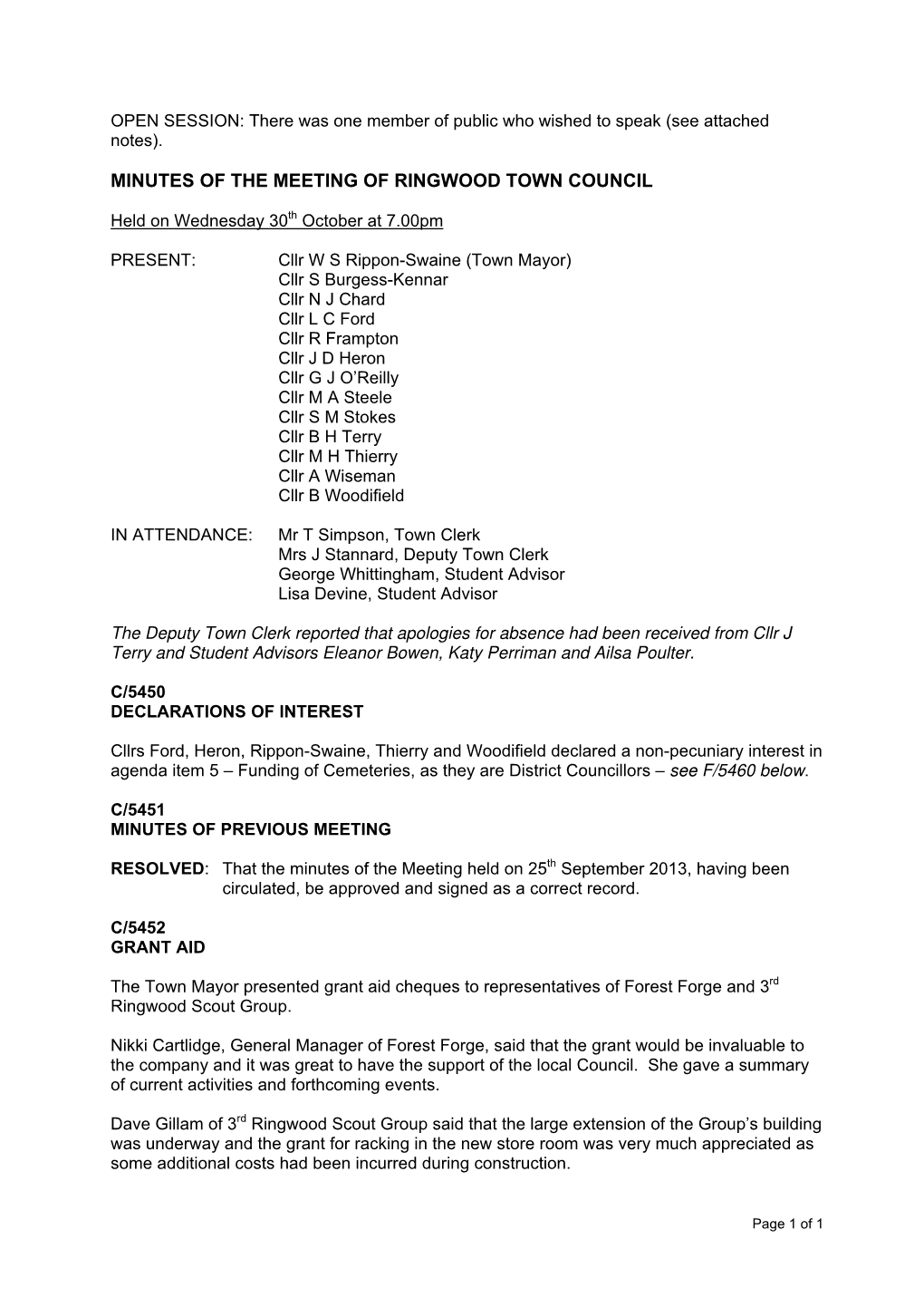 Minutes of the Meeting of Ringwood Town Council