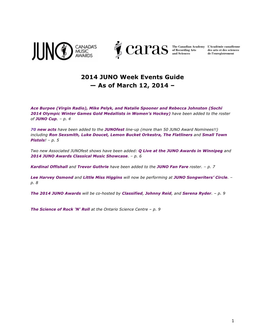 2014 JUNO Week Events Guide — As of March 12, 2014 –