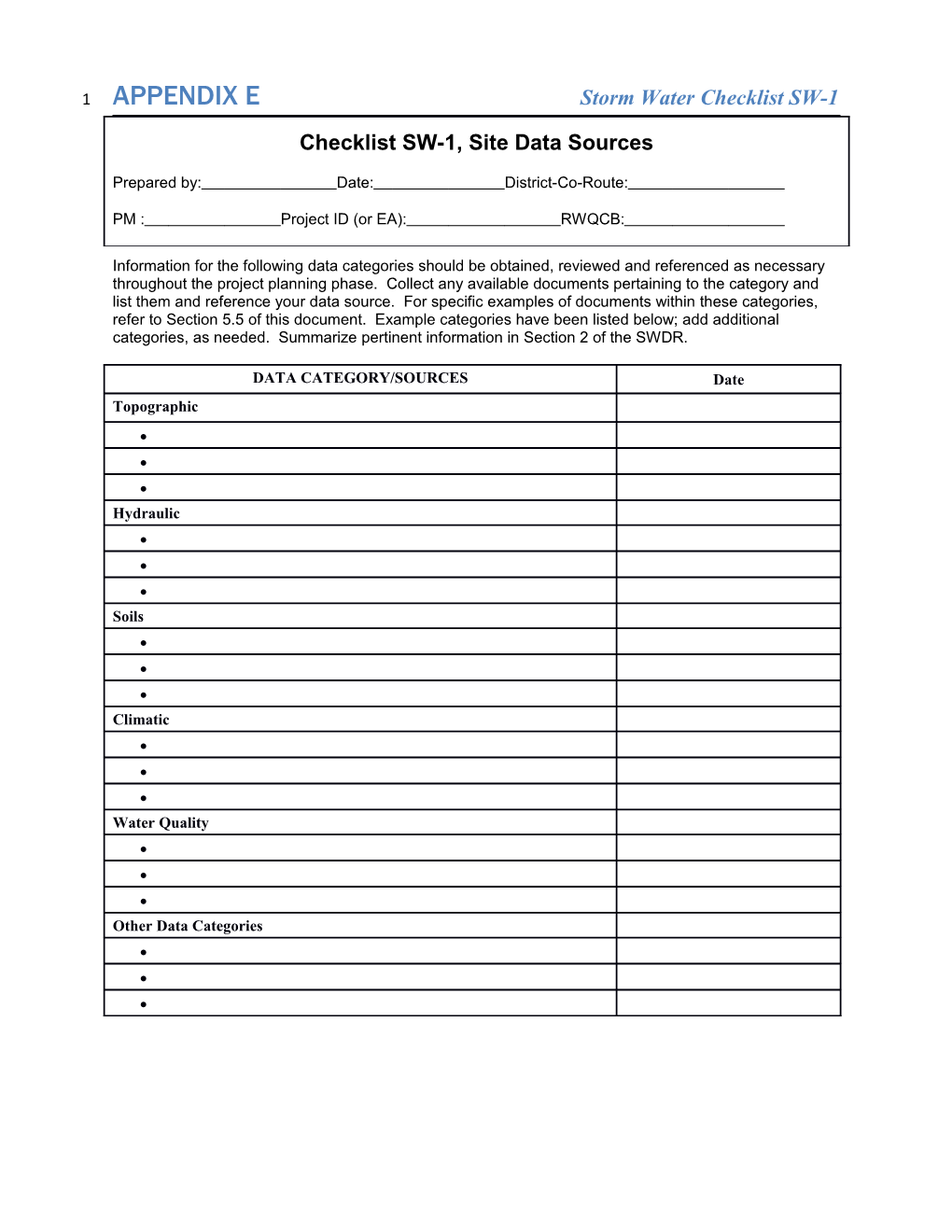 APPENDIX E Storm Water Checklist SW-1