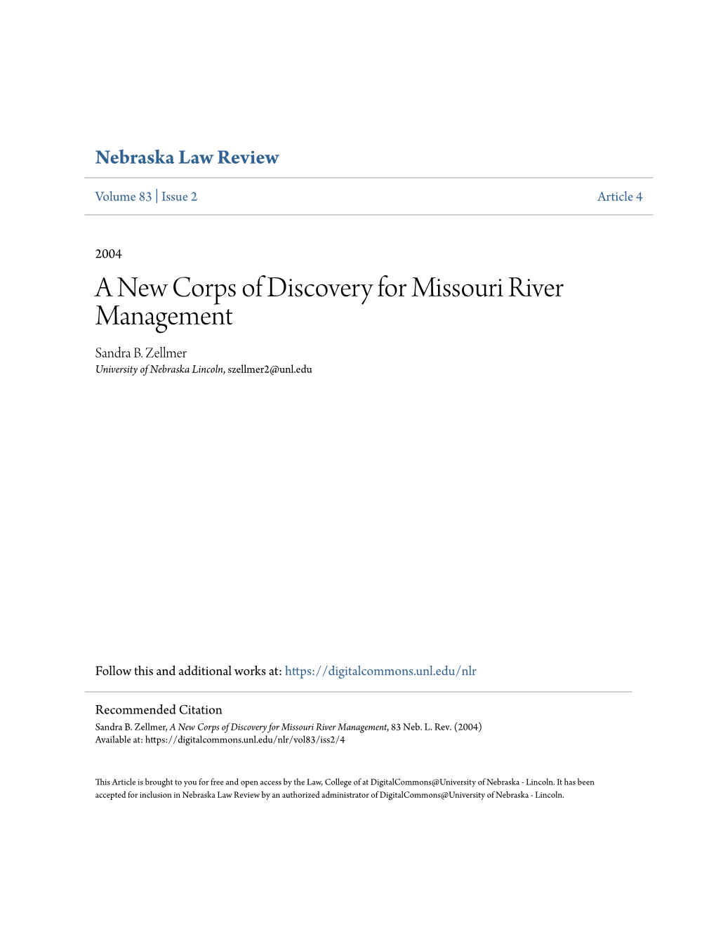 A New Corps of Discovery for Missouri River Management Sandra B