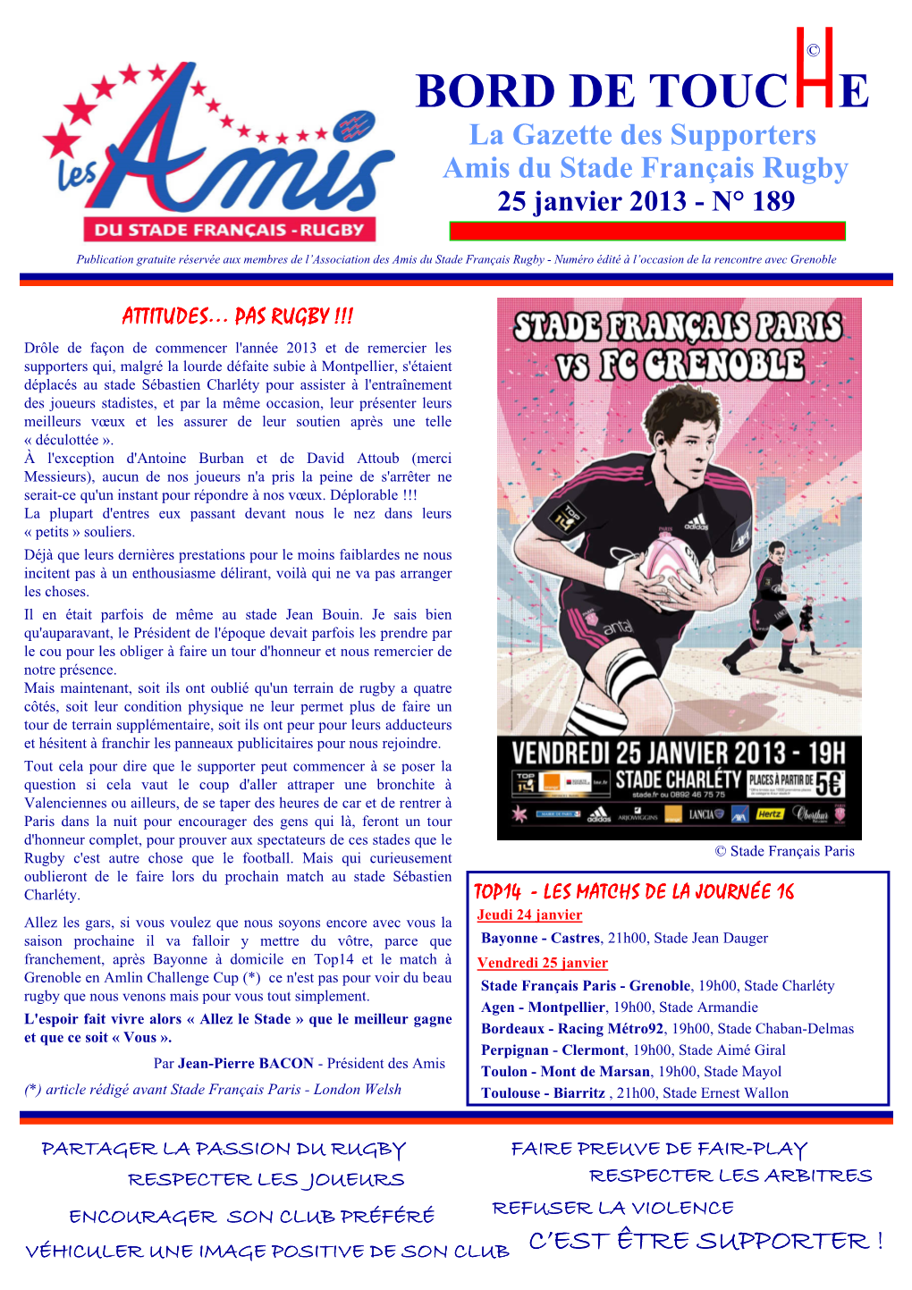 BORD DE TOUC E La Gazette Des Supporters Amis Du Stade Français Rugby 25 Janvier 2013 - N° 189