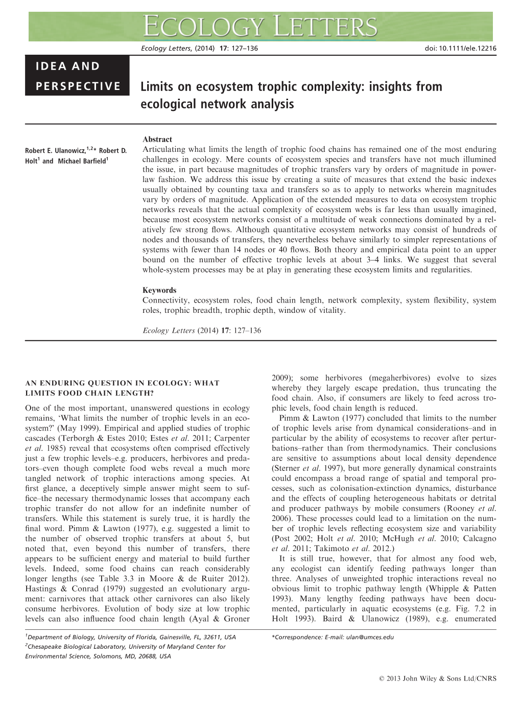 Limits on Ecosystem Trophic Complexity: Insights from Ecological Network Analysis