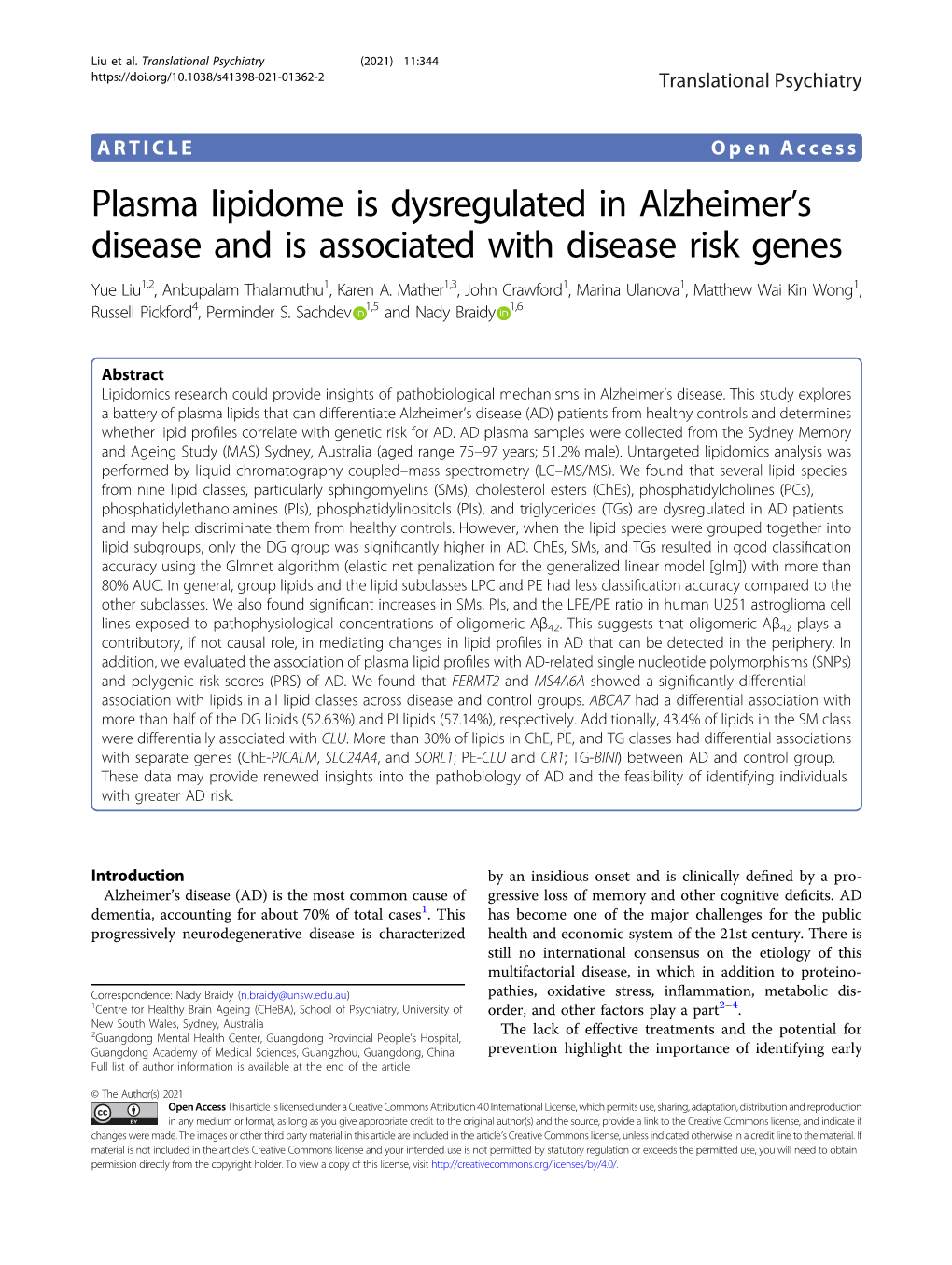 Plasma Lipidome Is Dysregulated in Alzheimer's Disease and Is