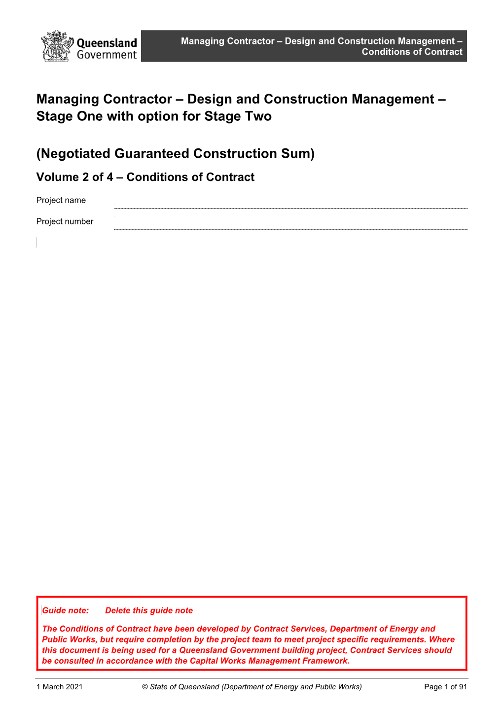 Managing Contractor – Design and Construction Management – Volume 1 – Tender Requirements