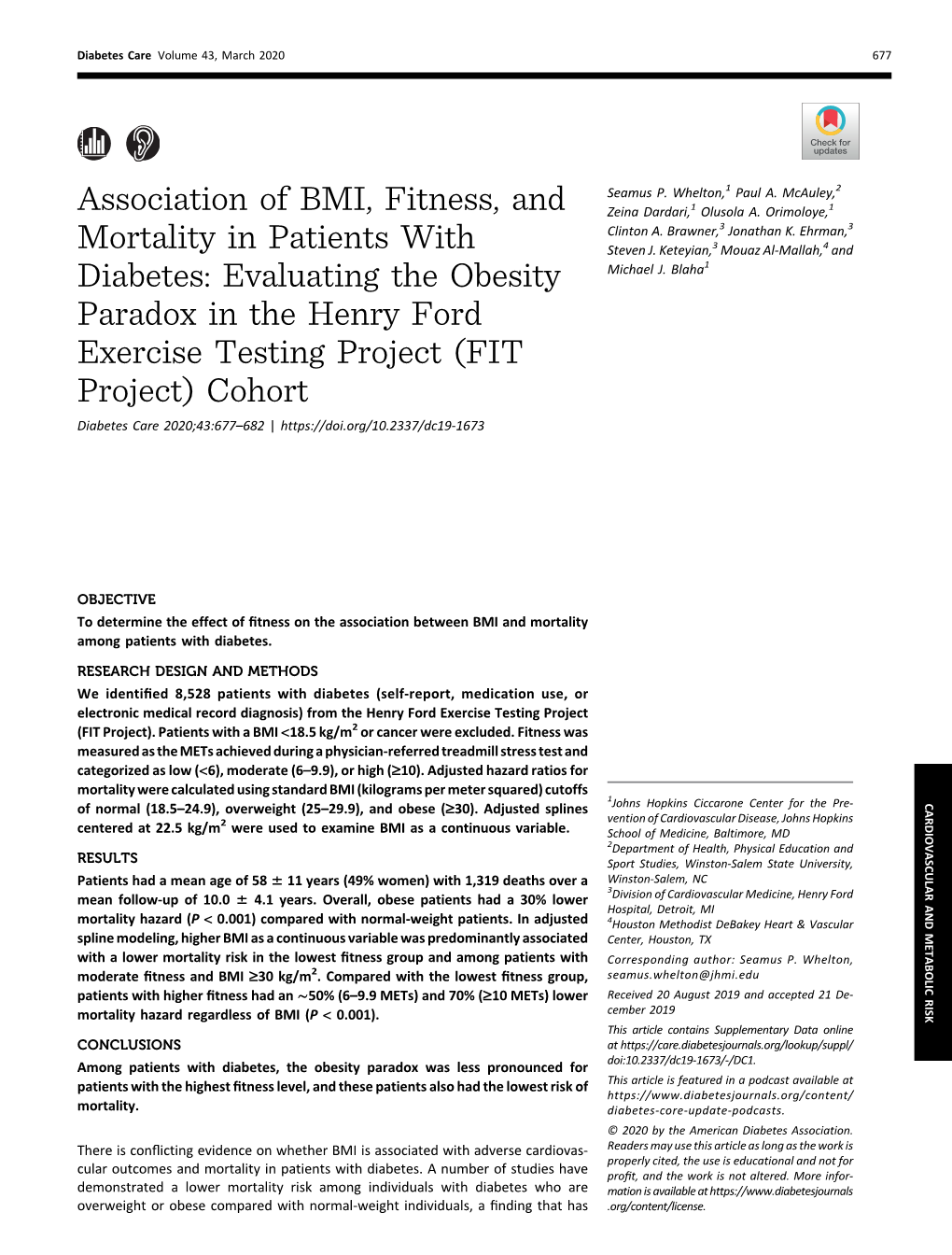 Evaluating the Obesity Paradox in the Henry Ford Exercise Testing Project