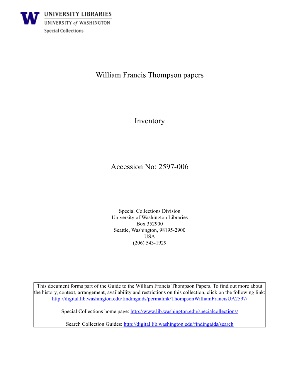 William Francis Thompson Papers File://///Files/Shareddocs/Librarycollections/Manuscriptsarchives/Findaidsi