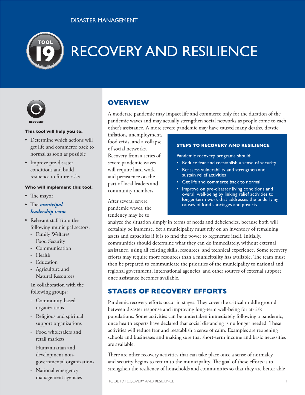 TOOL 19: RECOVERY and RESILIENCE 1 to Manage Future Shocks