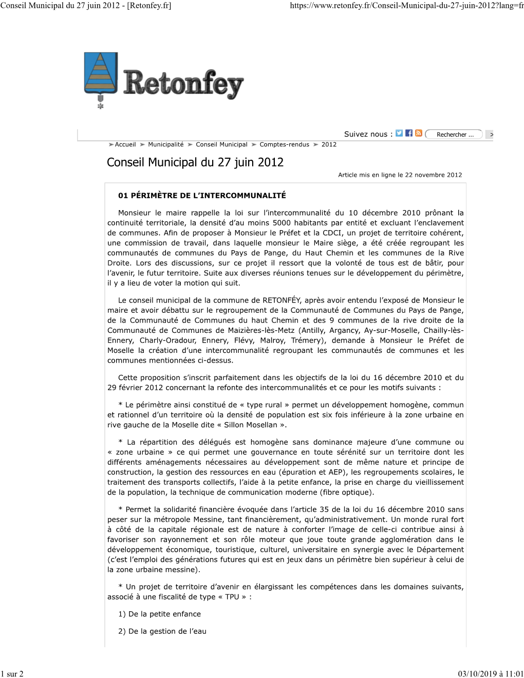 Conseil Municipal Du 27 Juin 2012 - [Retonfey.Fr]