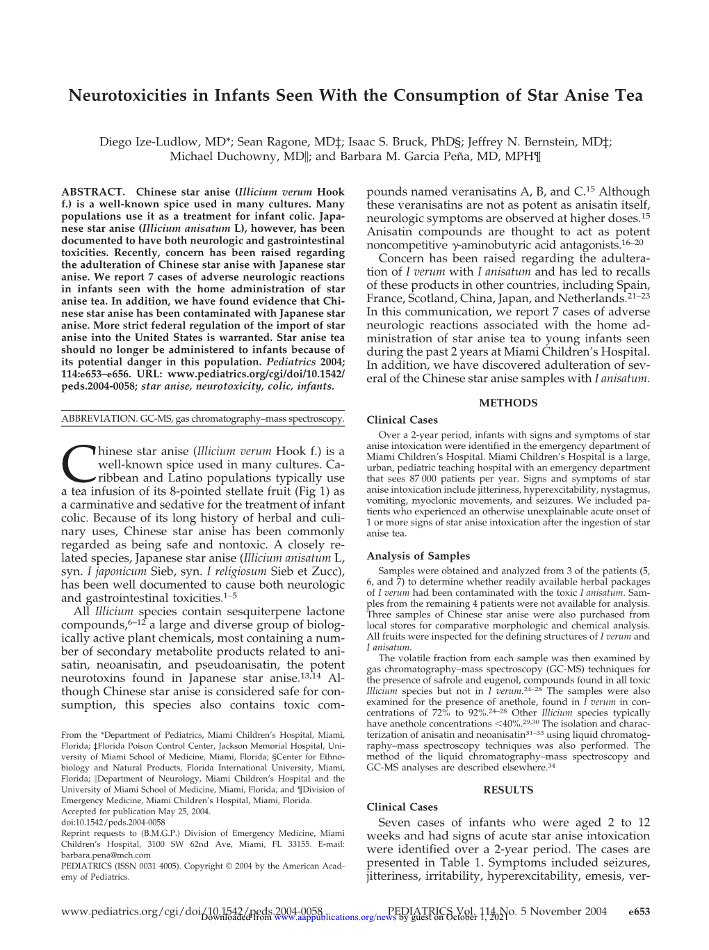 Neurotoxicities in Infants Seen with the Consumption of Star Anise Tea