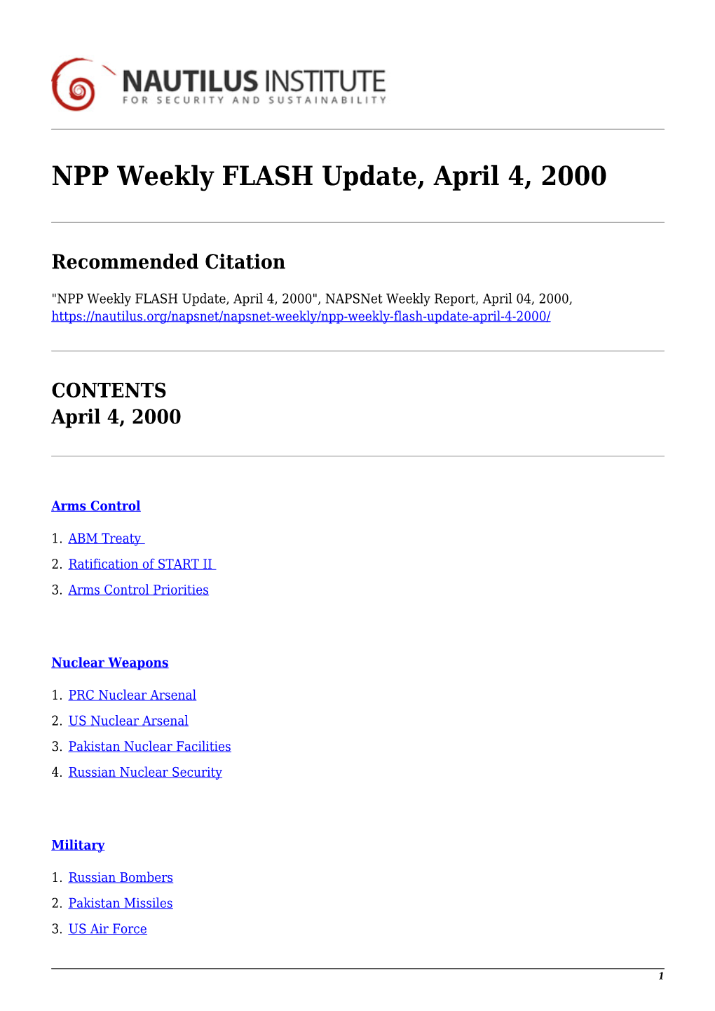 NPP Weekly FLASH Update, April 4, 2000