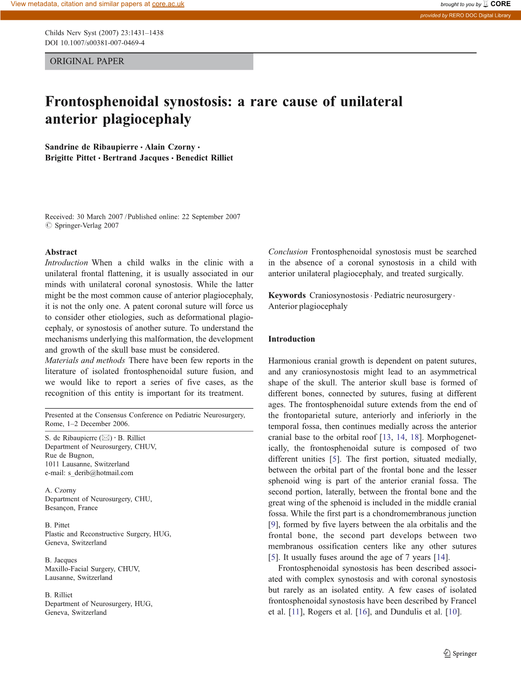 Frontosphenoidal Synostosis: a Rare Cause of Unilateral Anterior Plagiocephaly