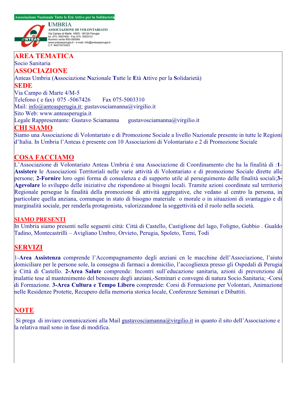 Scheda Informativa Anteas Umbria