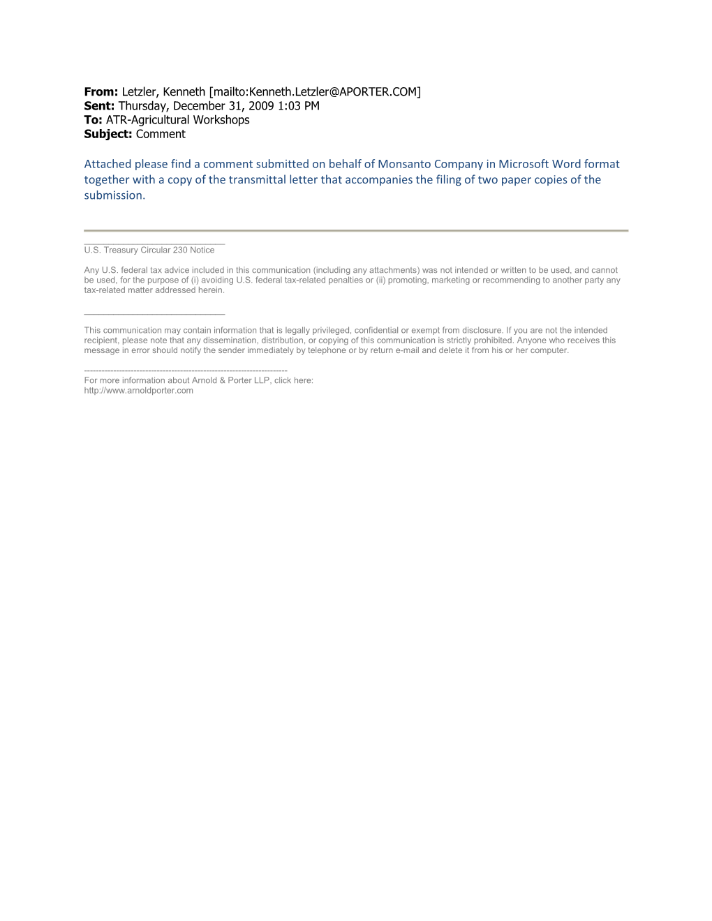 Monsanto Company in Microsoft Word Format Together with a Copy of the Transmittal Letter That Accompanies the Filing of Two Paper Copies of the Submission