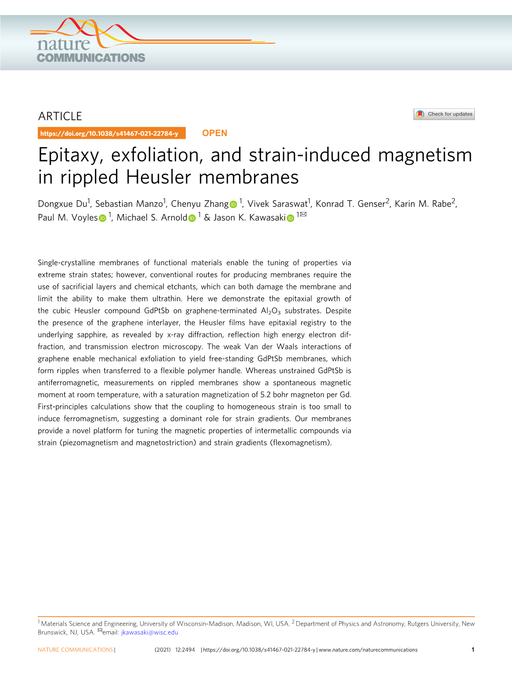 Epitaxy, Exfoliation, and Strain-Induced Magnetism in Rippled Heusler Membranes
