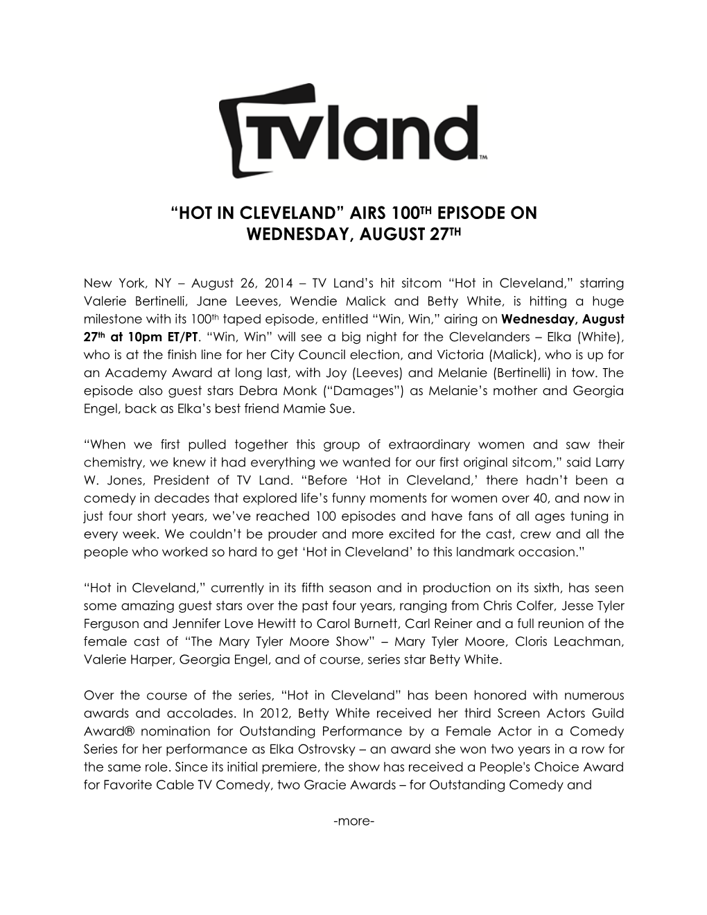 “Hot in Cleveland” Airs 100Th Episode on Wednesday, August 27Th