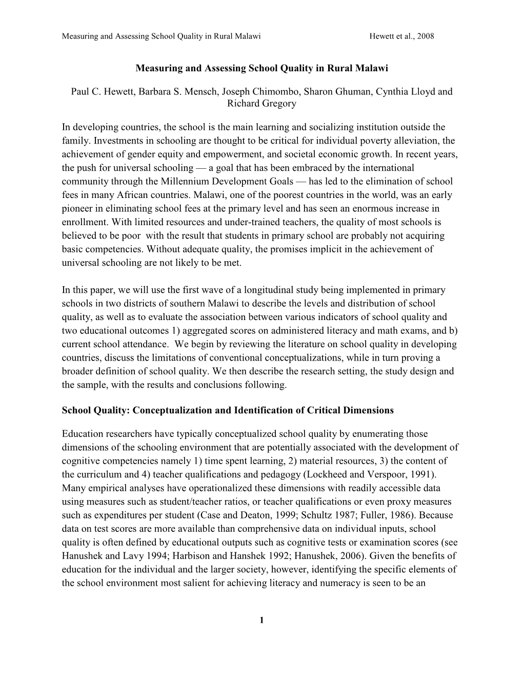 Measuring and Assessing School Quality in Rural Malawi Hewett Et Al., 2008