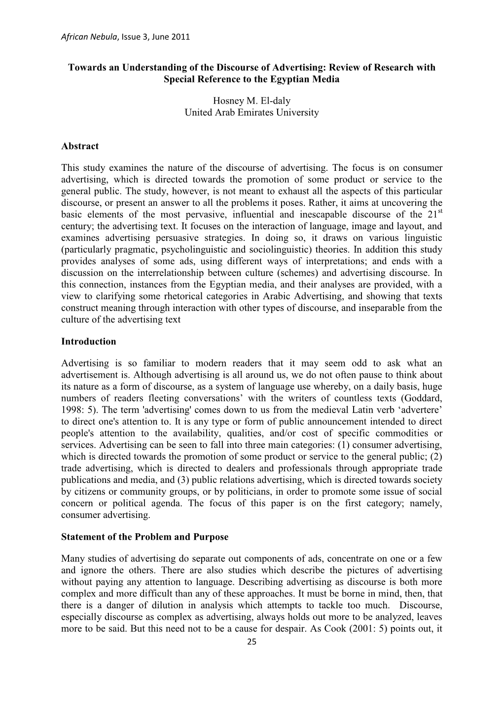 Towards an Understanding of the Discourse of Advertising: Review of Research with Special Reference to the Egyptian Media