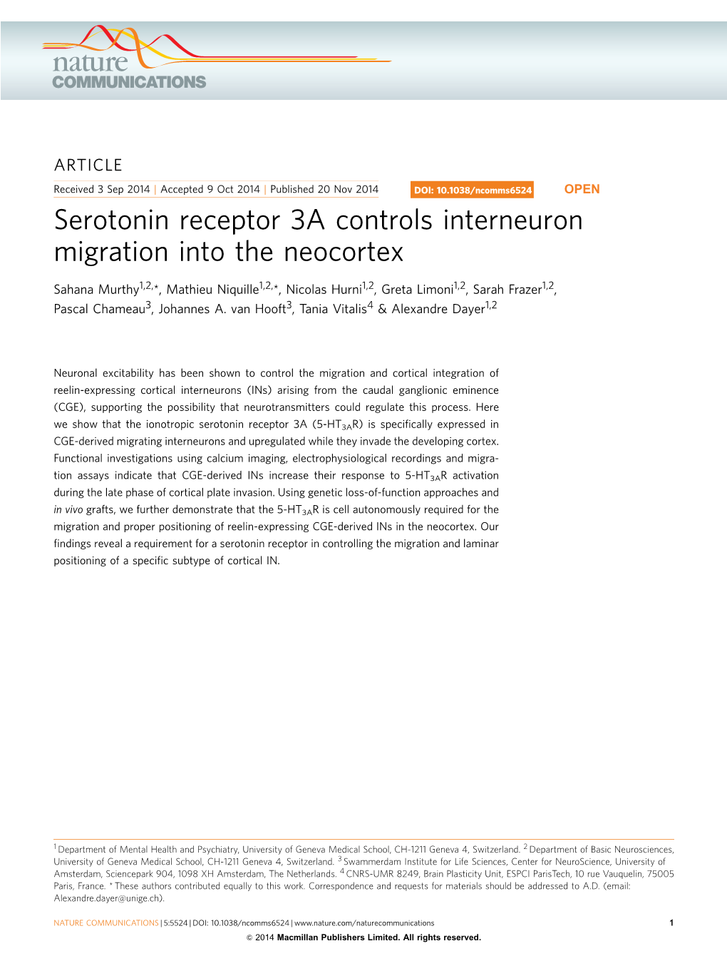 Serotonin Receptor 3A Controls Interneuron Migration Into the Neocortex