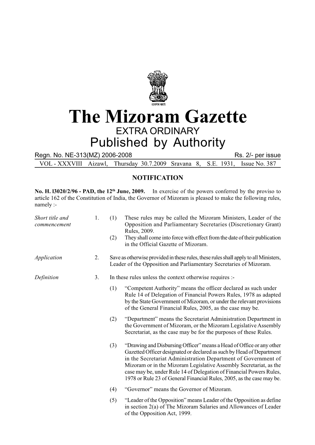 The Mizoram Gazette EXTRA ORDINARY Published by Authority Regn