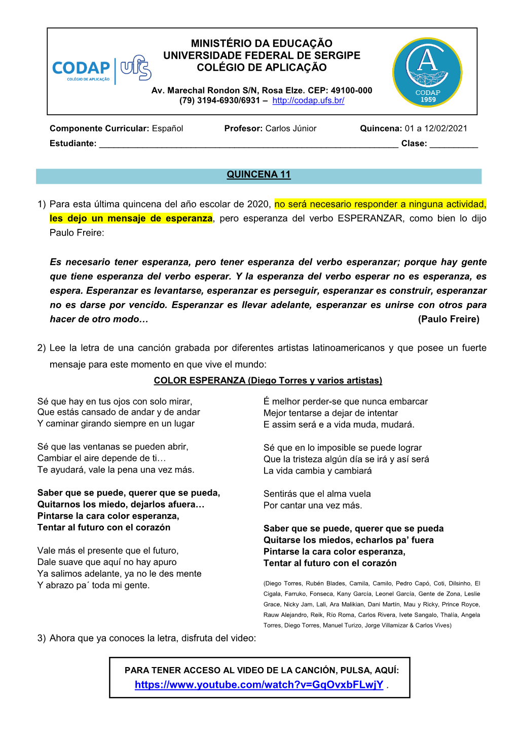 Ministério Da Educação Universidade Federal De Sergipe Colégio De Aplicação