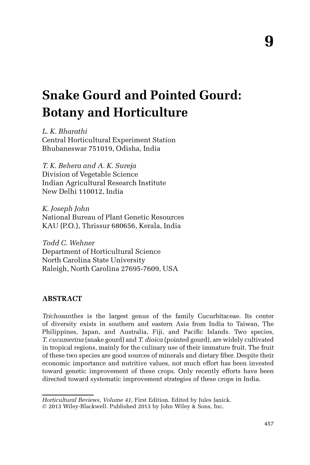 Snake Gourd and Pointed Gourd: Botany and Horticulture