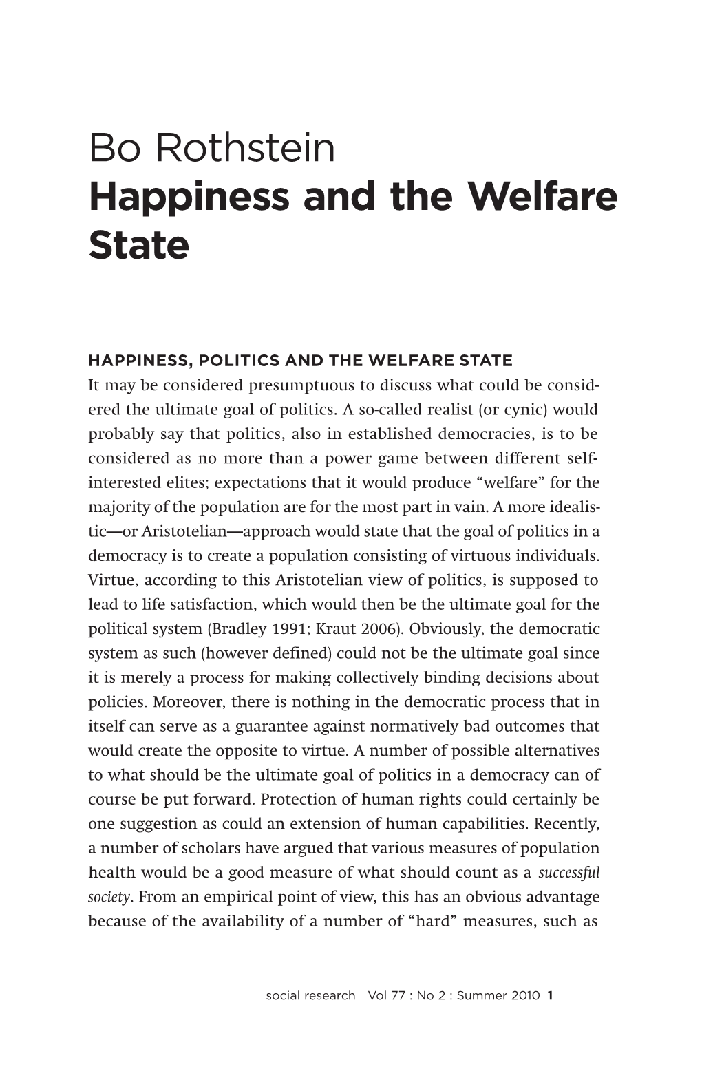 Bo Rothstein Happiness and the Welfare State