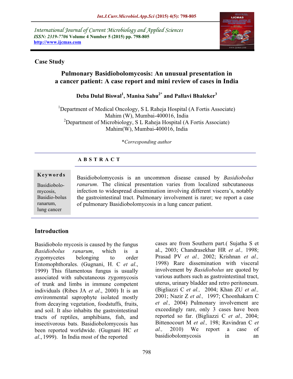 Pulmonary Basidiobolomycosis: an Unusual Presentation in a Cancer Patient: a Case Report and Mini Review of Cases in India