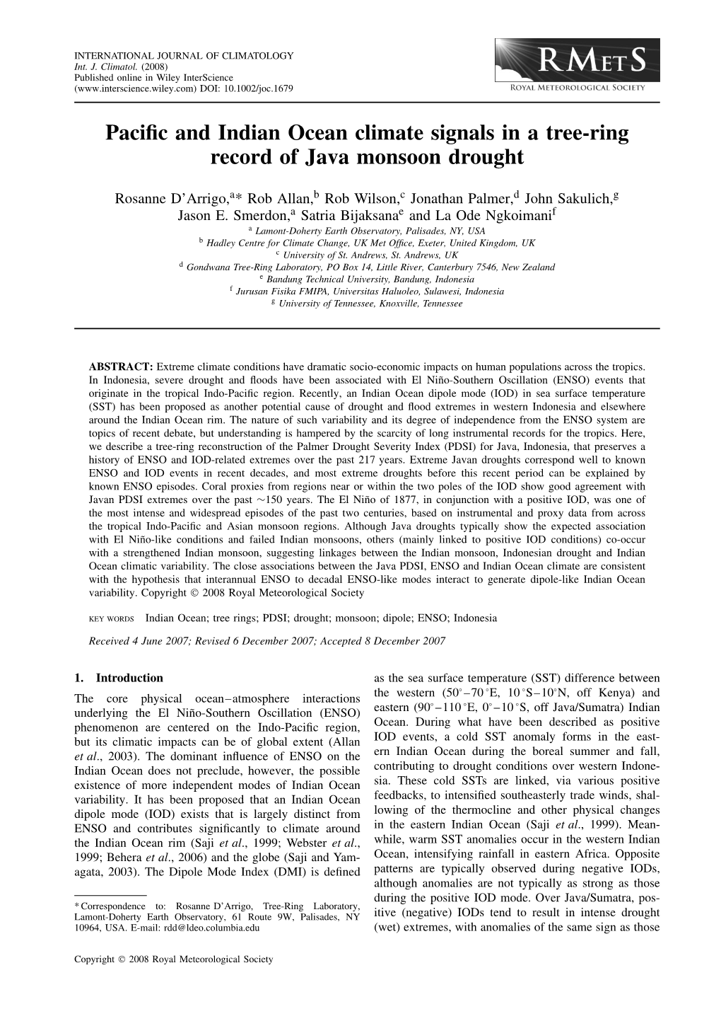 Pacific and Indian Ocean Climate Signals in a Tree-Ring Record of Java