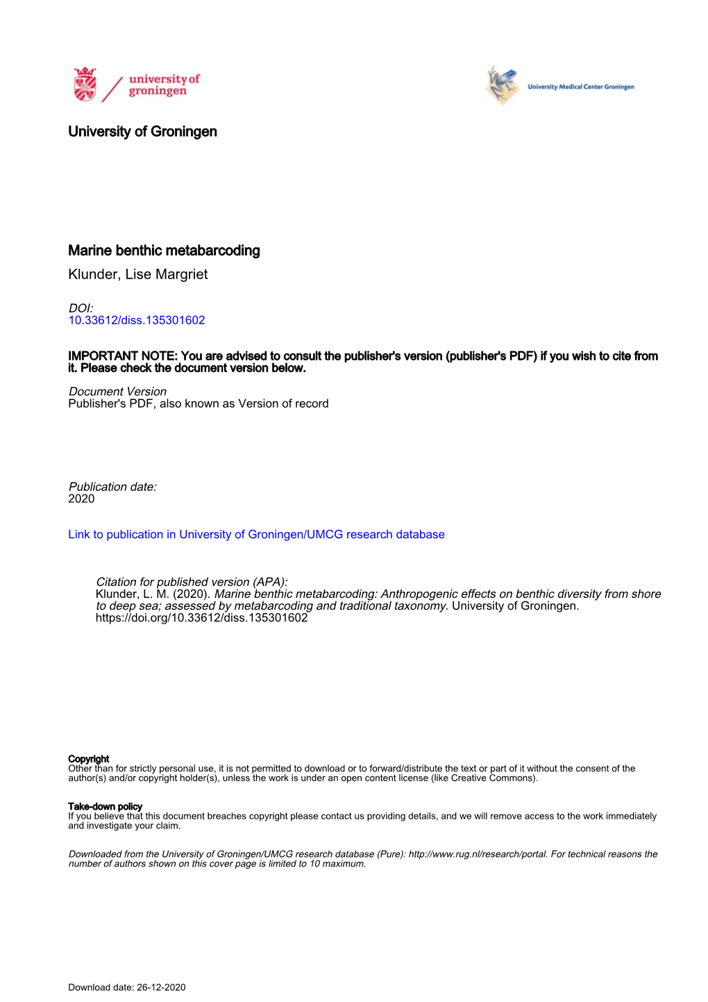 University of Groningen Marine Benthic Metabarcoding