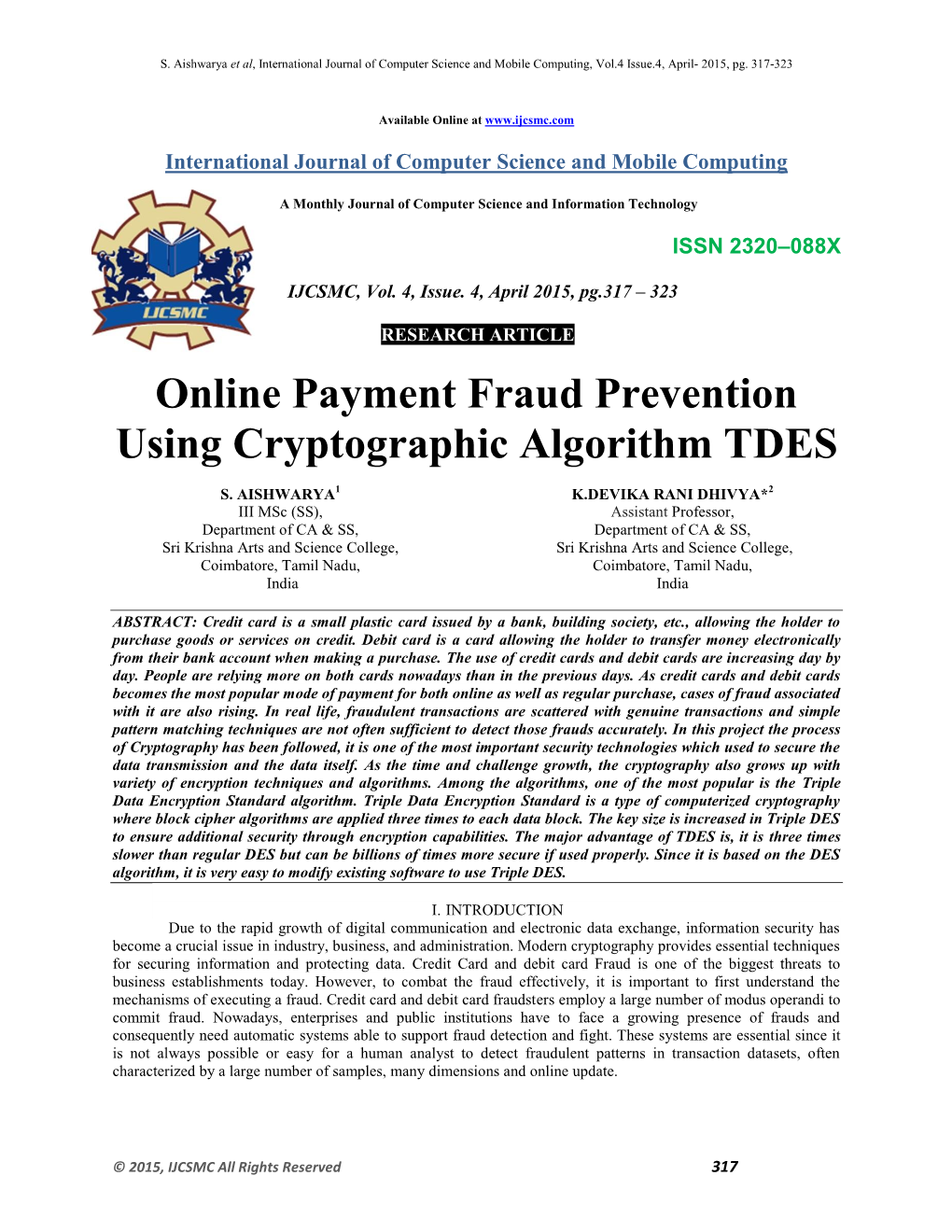 Online Payment Fraud Prevention Using Cryptographic Algorithm TDES