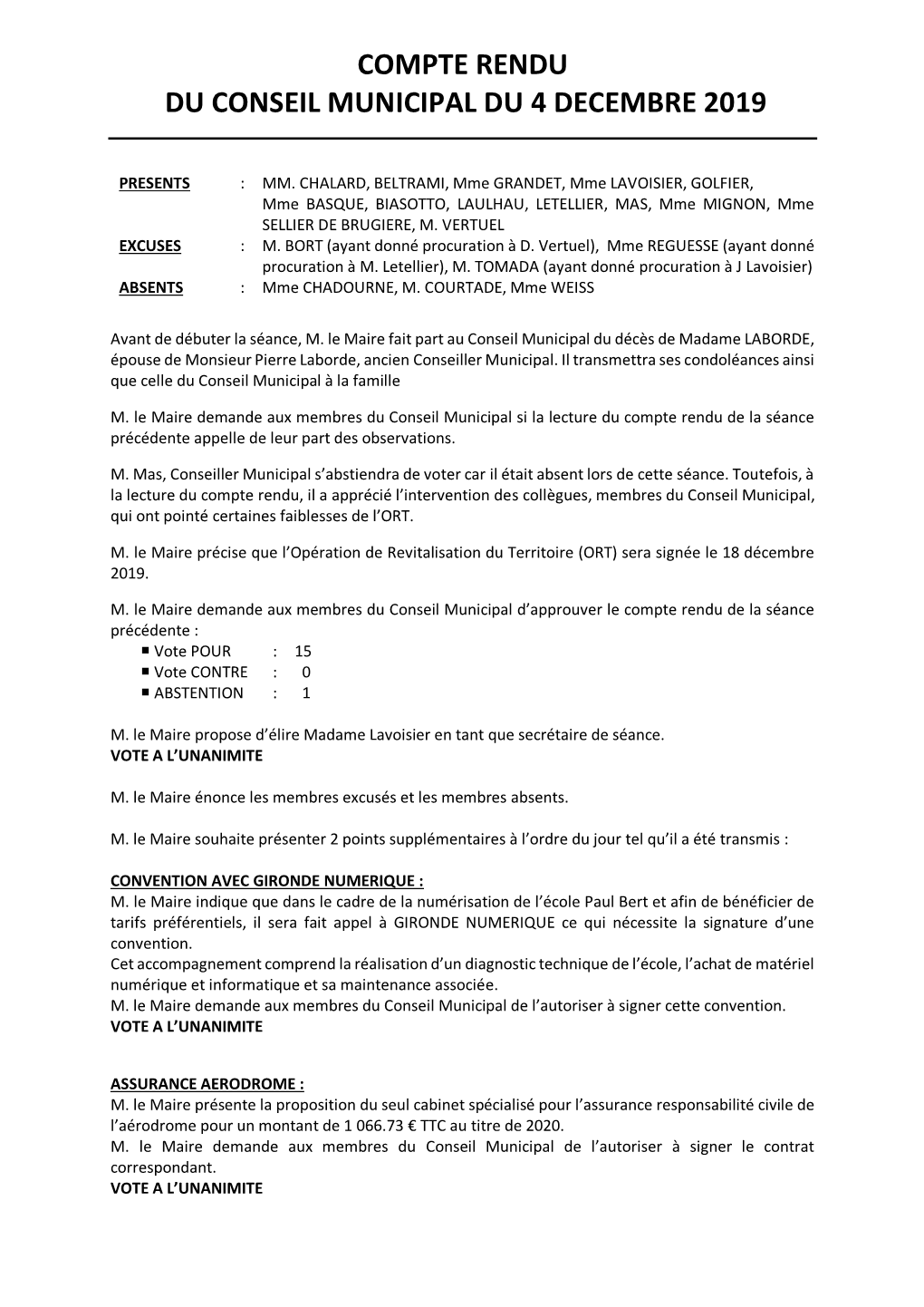 Compte Rendu Du Conseil Municipal Du 4 Decembre 2019