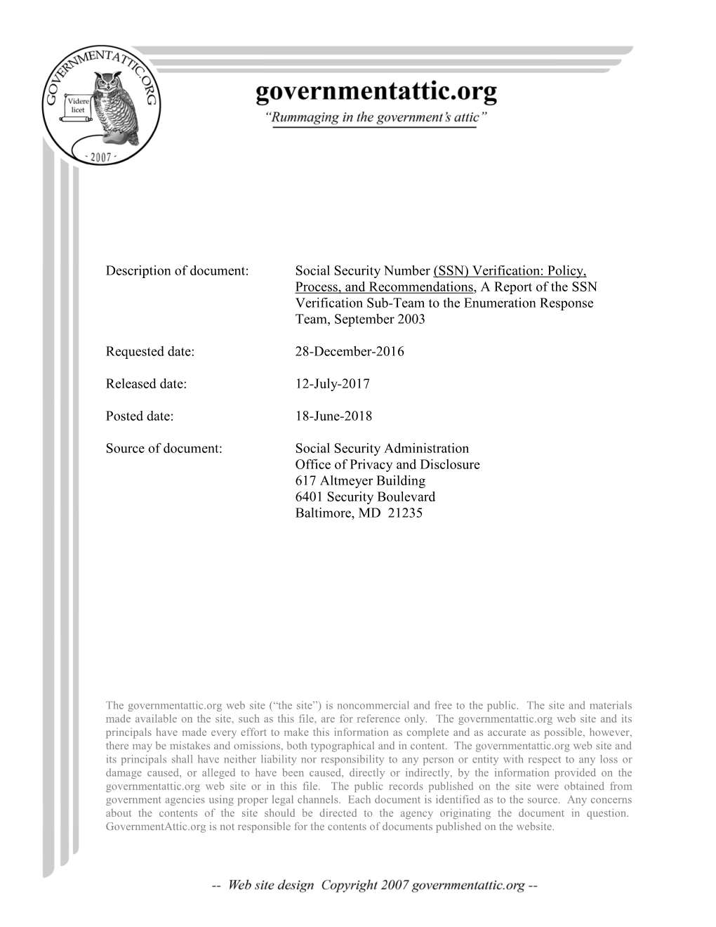 (SSN) Verification: Policy, Process, and Recommendations, a Report of the SSN Verification Sub-Team to the Enumeration Response Team, September 2003