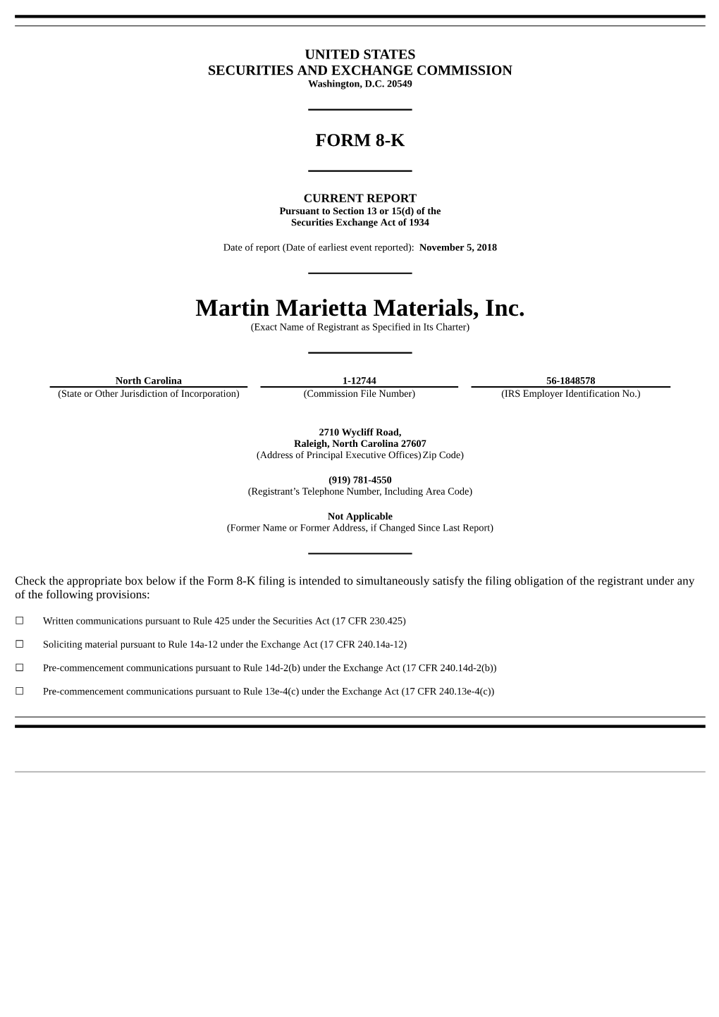 Martin Marietta Materials, Inc. (Exact Name of Registrant As Specified in Its Charter)