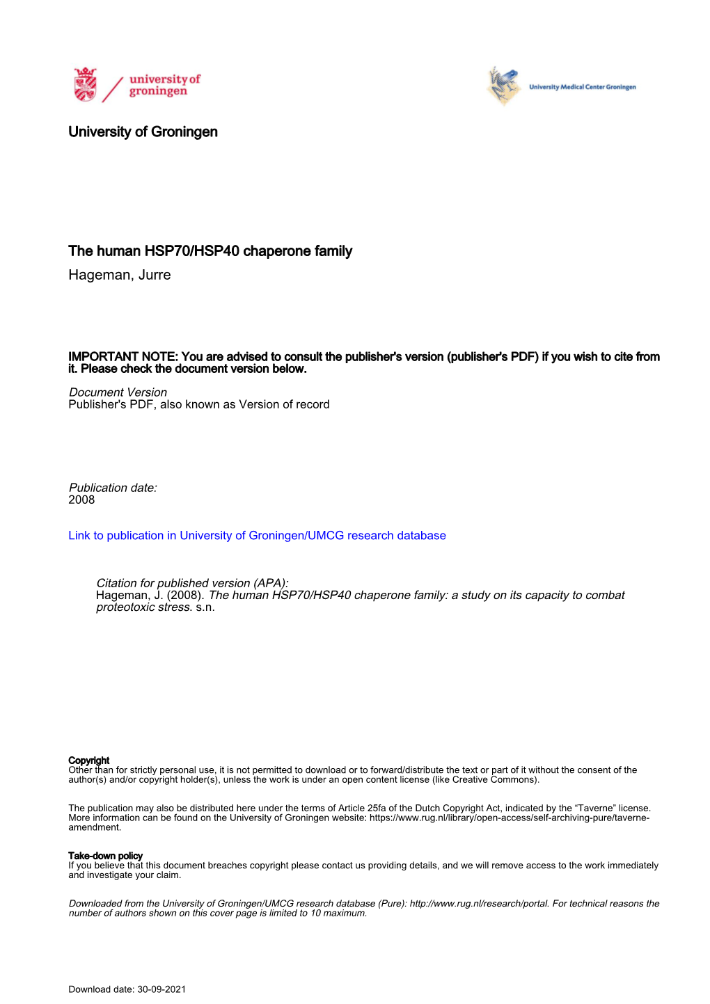 University of Groningen the Human HSP70/HSP40 Chaperone Family