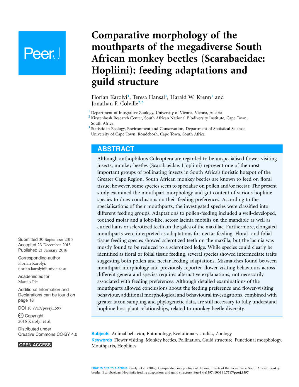 Comparative Morphology of the Mouthparts of the Megadiverse South African Monkey Beetles (Scarabaeidae: Hopliini): Feeding Adaptations and Guild Structure