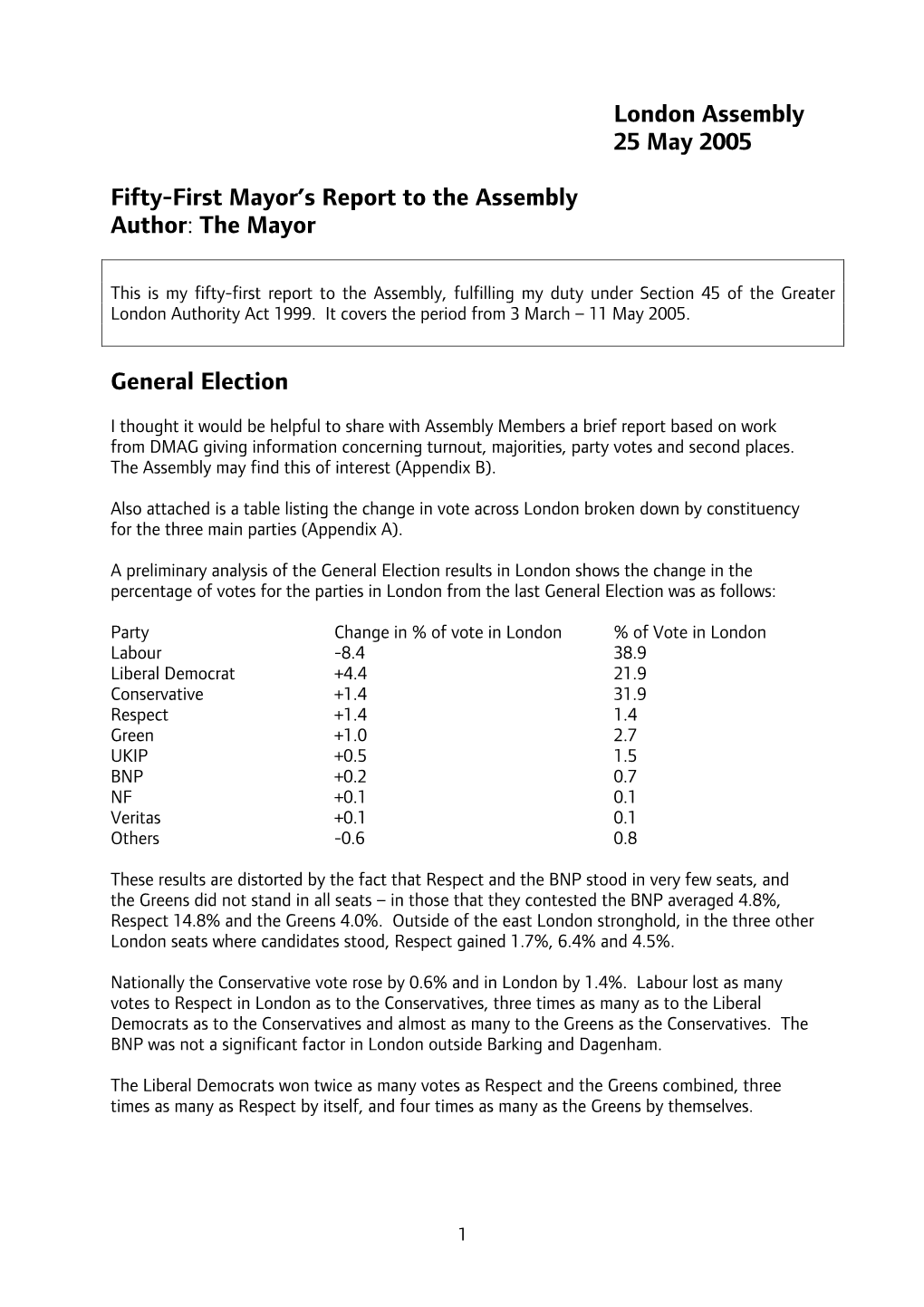 London Assembly 25 May 2005