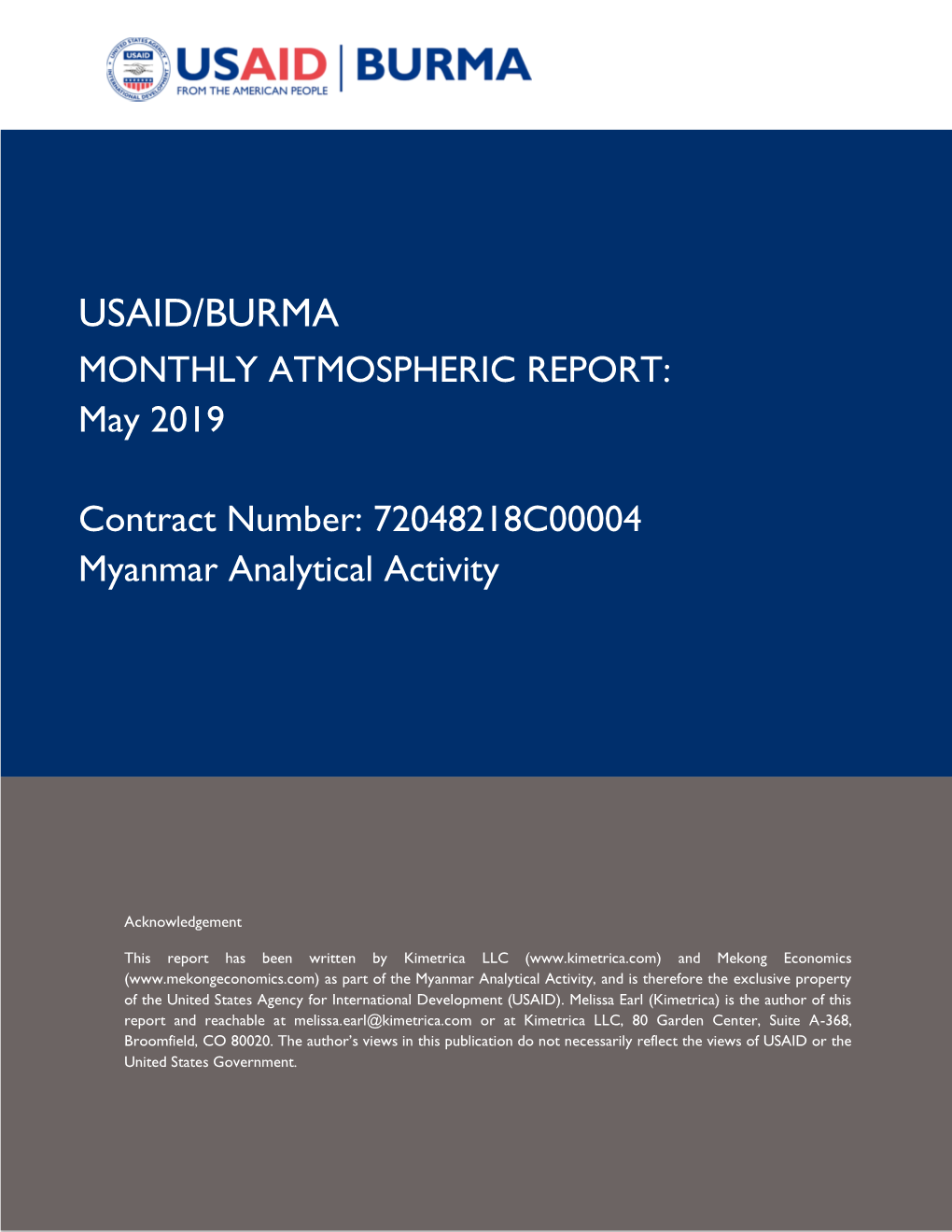 USAID/BURMA MONTHLY ATMOSPHERIC REPORT: May 2019