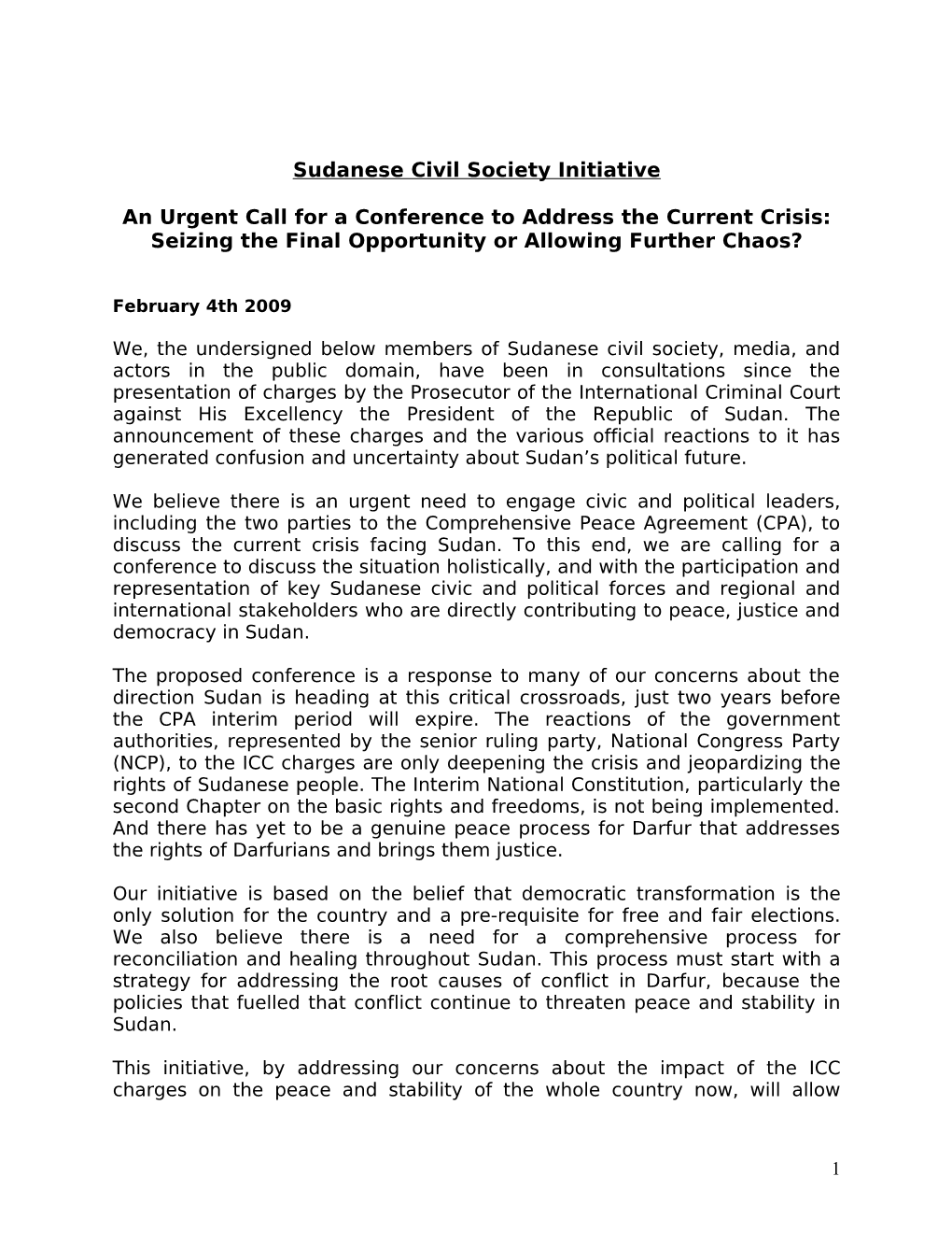 Statement of the Sudanese Civil Society Initiative, 4 February 2009