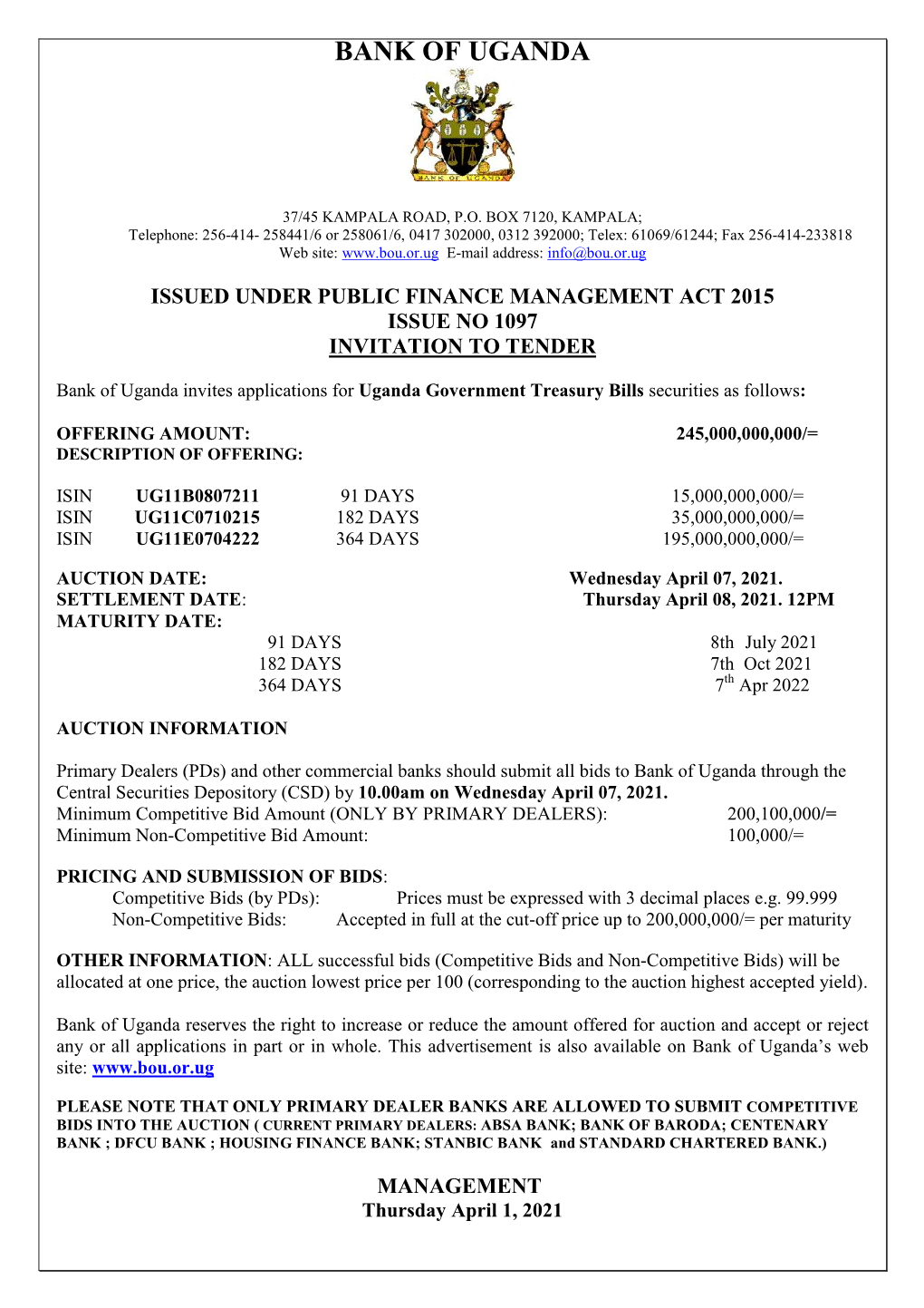 Invitation to Tender for Treasury Bills Issue No 1097