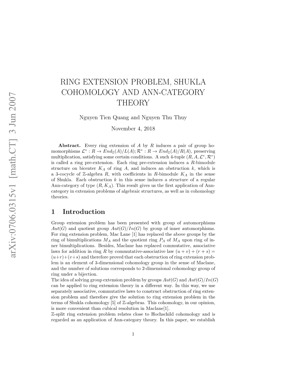 Ring Extension Problem, Shukla Cohomology and Ann-Category Theory the Relationship Between Ring Extension Problem in the General Case and Ann- Category Theory