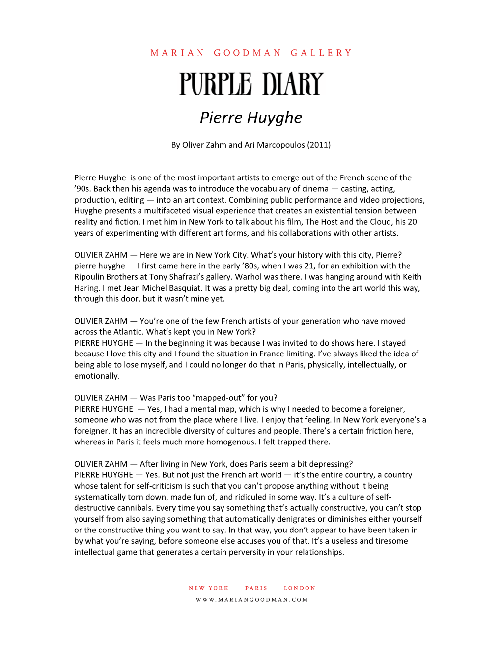 Press Pierre Huyghe Purple Diary, 2011