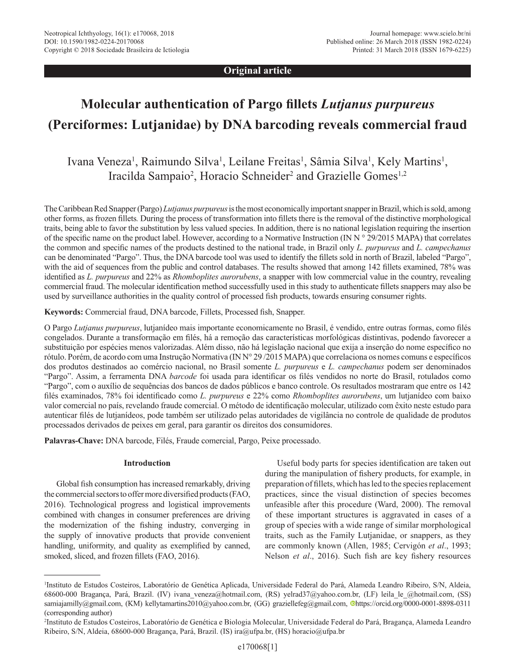 Molecular Authentication of Pargo Fillets Lutjanus Purpureus (Perciformes: Lutjanidae) by DNA Barcoding Reveals Commercial Fraud