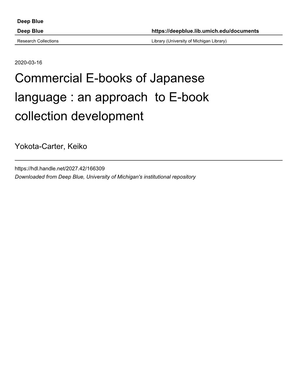Commercial E-Books of Japanese Language : an Approach to E-Book Collection Development