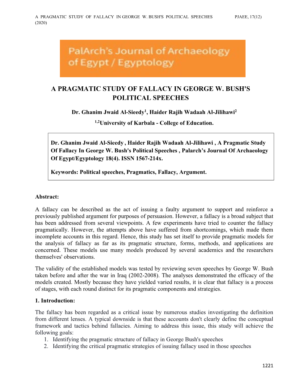 A Pragmatic Study of Fallacy in George W. Bush's Political Speeches Pjaee, 17(12) (2020)