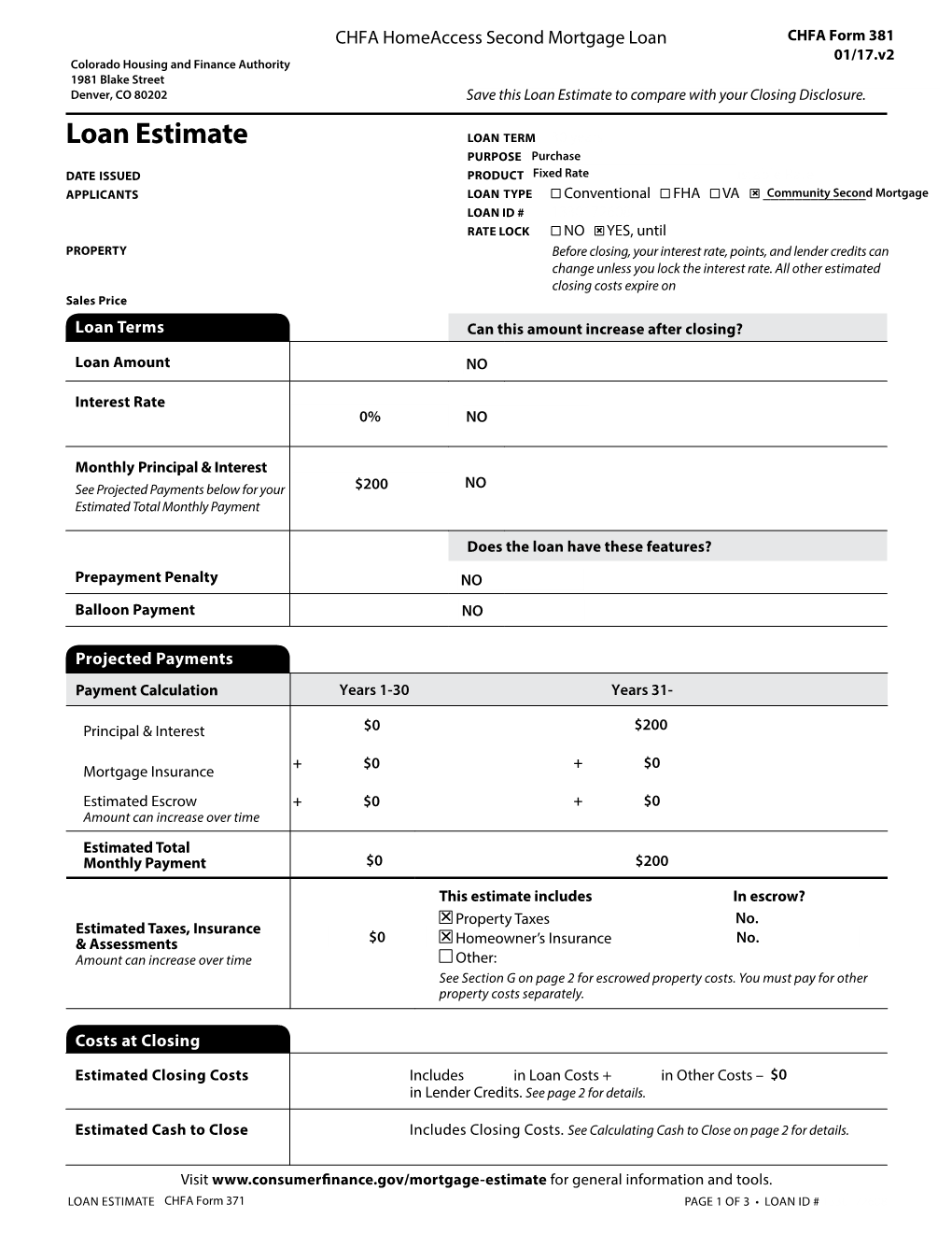 CHFA Form 381: CHFA Homeaccess Second Mortgage Loan Estimate