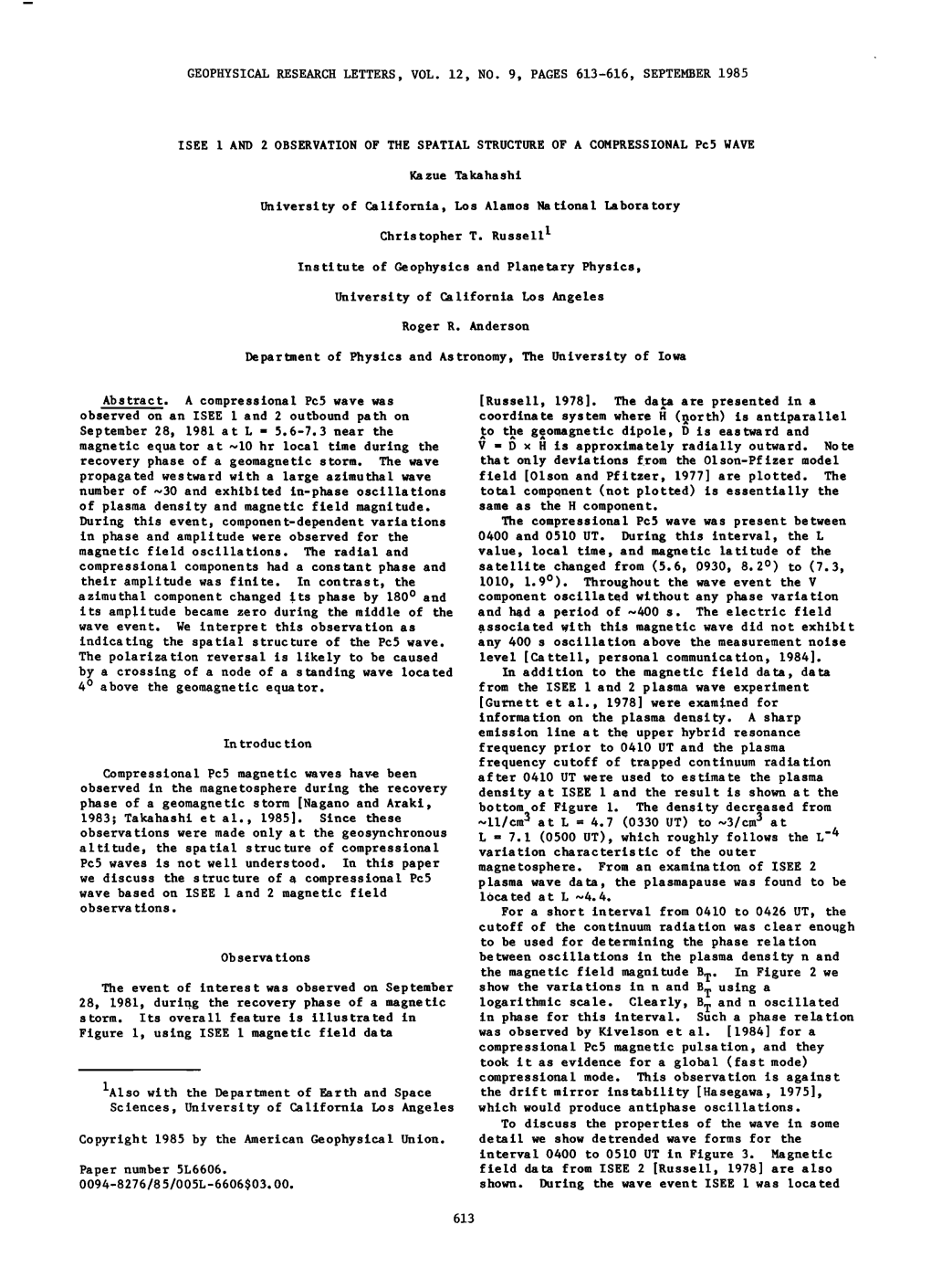 ISEE 1 and 2 OBSERVATION of the SPATIAL STRUCTURE of a COMPRESSIONAL Pc5 WAVE