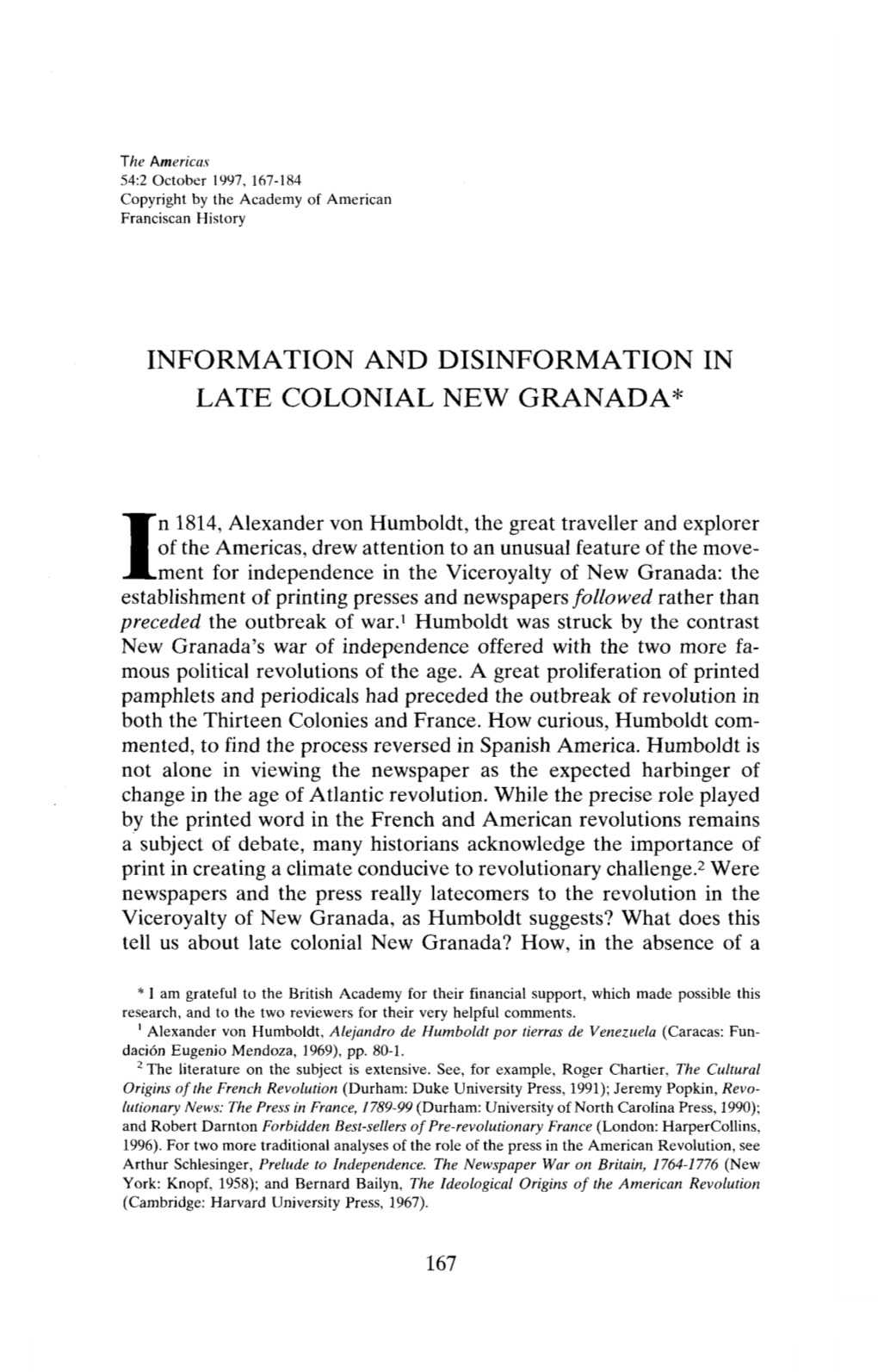 Information and Disinformation in Late Colonial New Granada*