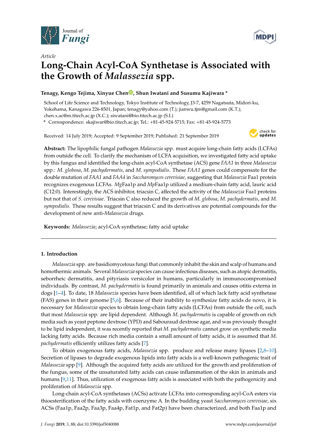 Long-Chain Acyl-Coa Synthetase Is Associated with the Growth of Malassezia Spp