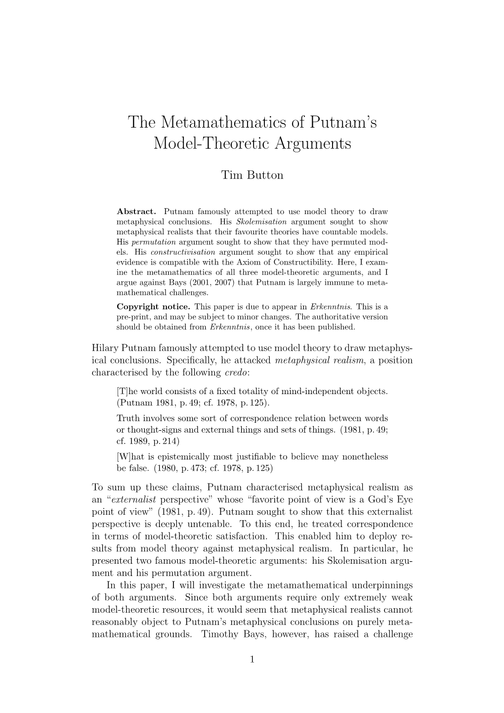 The Metamathematics of Putnam's Model-Theoretic Arguments